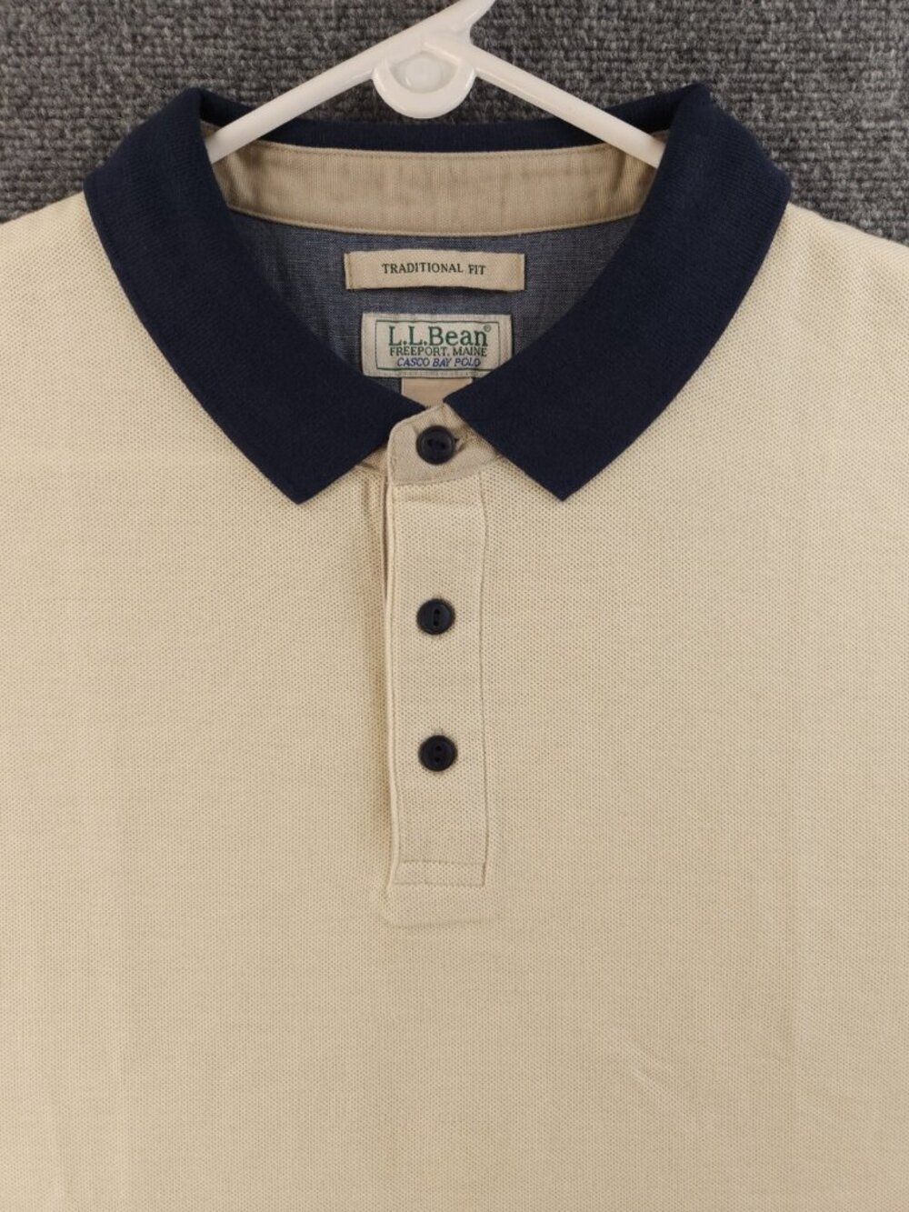 LL Bean Pique Beige XXL Blue Contrast Collar Short Sleeve 294964 Casco Bay Polo
